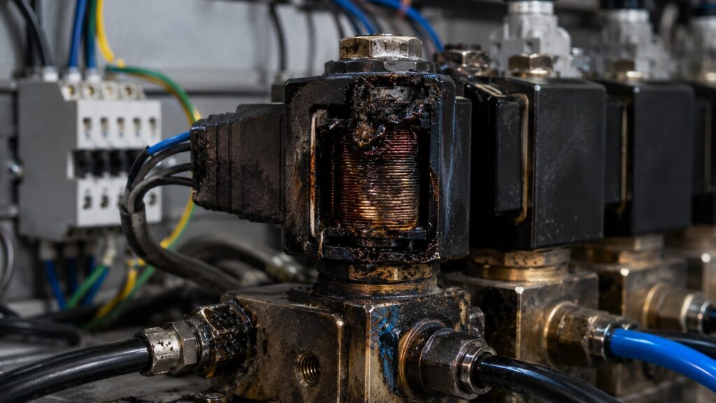 Overheated industrial solenoid valve coil with insulation damage