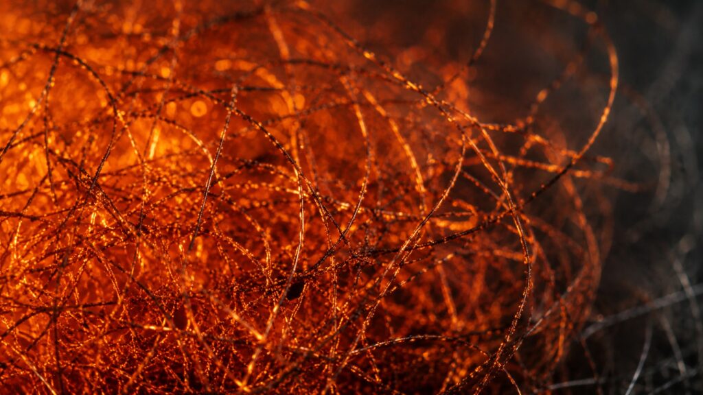 Macro close-up of oxidizing steel wool fibers during combustion