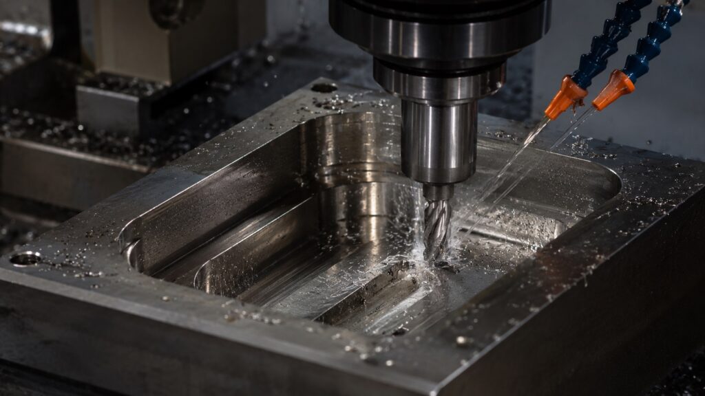 Peel milling toolpath clearing a deep CNC machined pocket