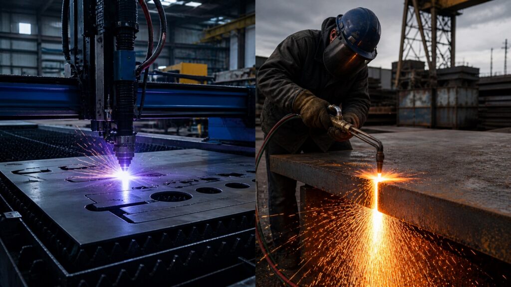 plasma cutting in fabrication shop vs flame cutting thick steel outdoor