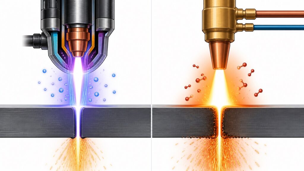 plasma cutting vs flame cutting process diagram ionized gas vs oxidation