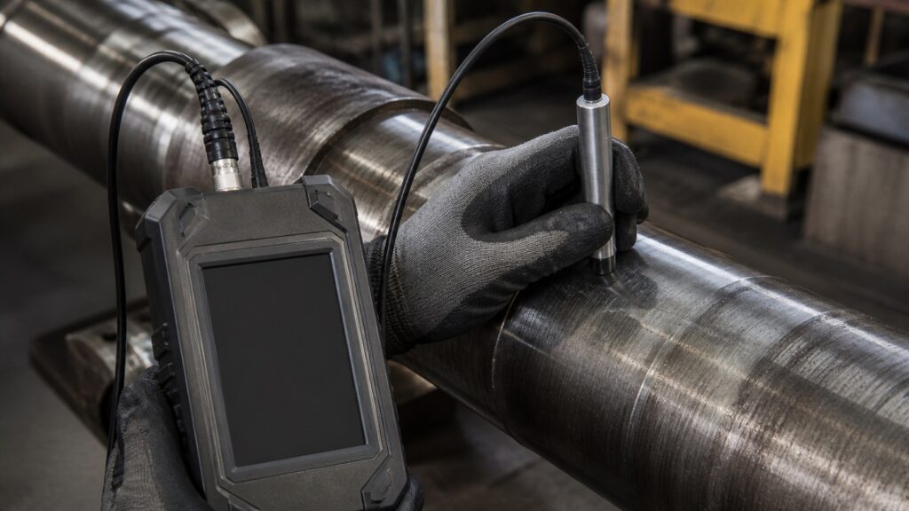 portable hardness tester measuring large steel part in field inspection