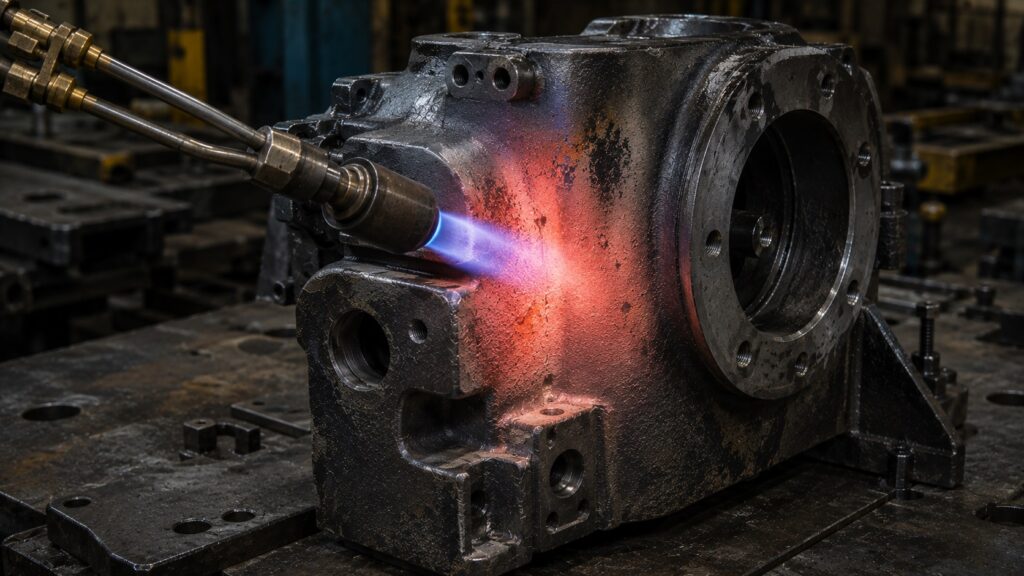 Preheating cast iron machinery housing with oxy fuel rosebud torch before welding repair