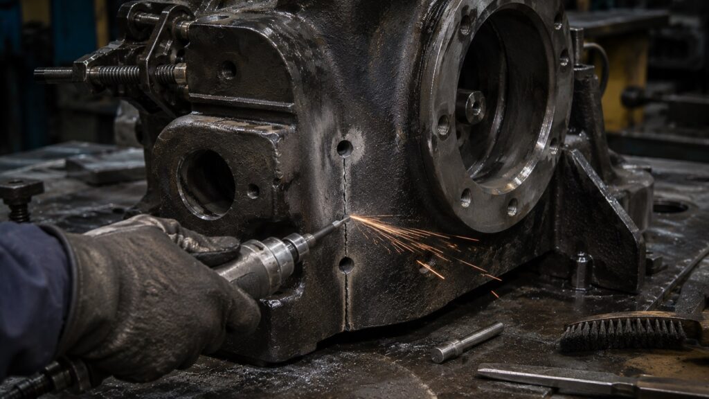 Grinding V groove and stop drilling cracked cast iron before welding repair in fabrication workshop