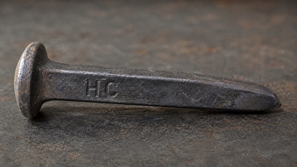 close up railroad spike showing HC marking and steel surface texture