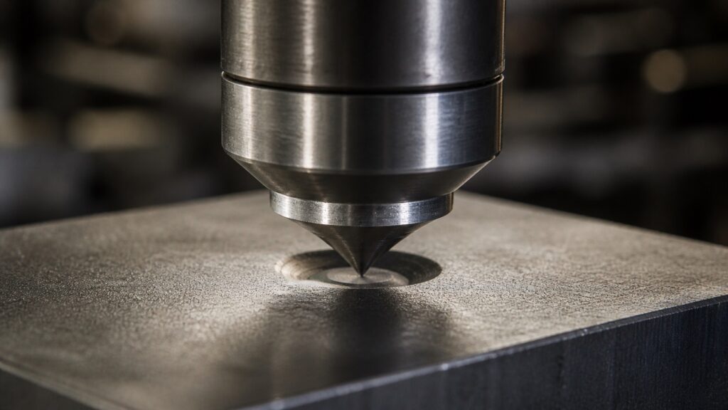 Rockwell hardness test measuring steel using diamond indenter and indentation depth
