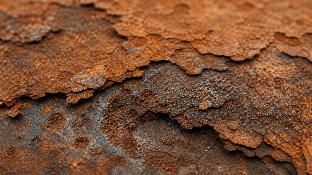 close up rust formation on iron showing flaky corrosion layers