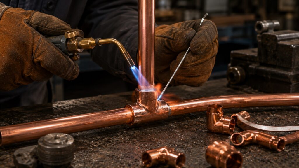 Technician soldering copper plumbing pipe in fabrication workshop