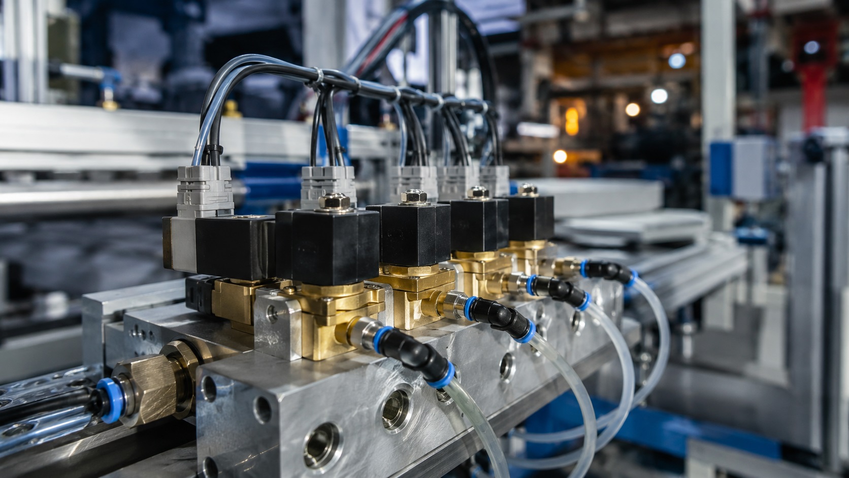 Industrial pneumatic solenoid valve mounted on automated air control manifold