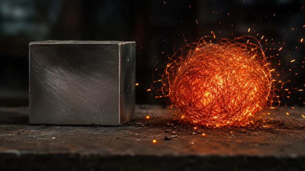 Comparison between solid steel and burning steel wool combustion behavior