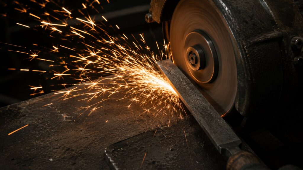 Spark testing a high-carbon steel file on bench grinder