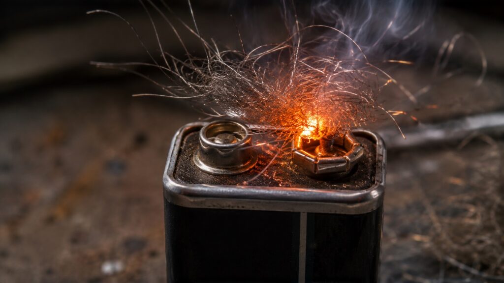 Steel wool igniting from a 9-volt battery during oxidation reaction