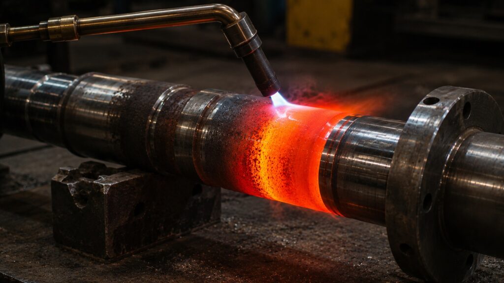 Oxy-acetylene torch heating thick steel shaft during annealing process