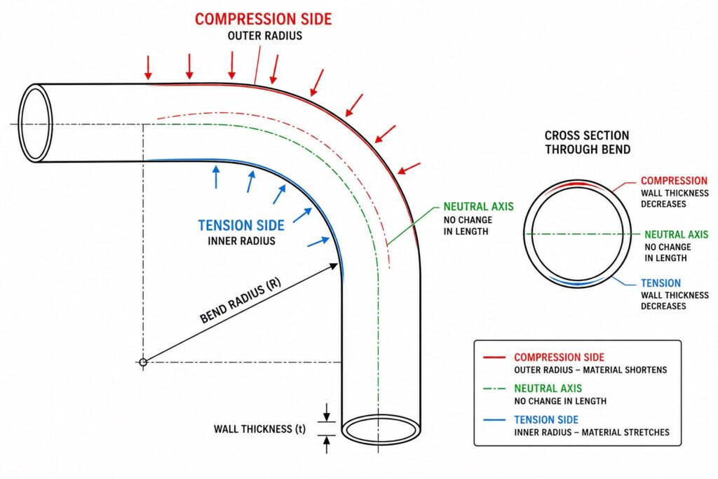 Technical diagram explaining forces during tube bending