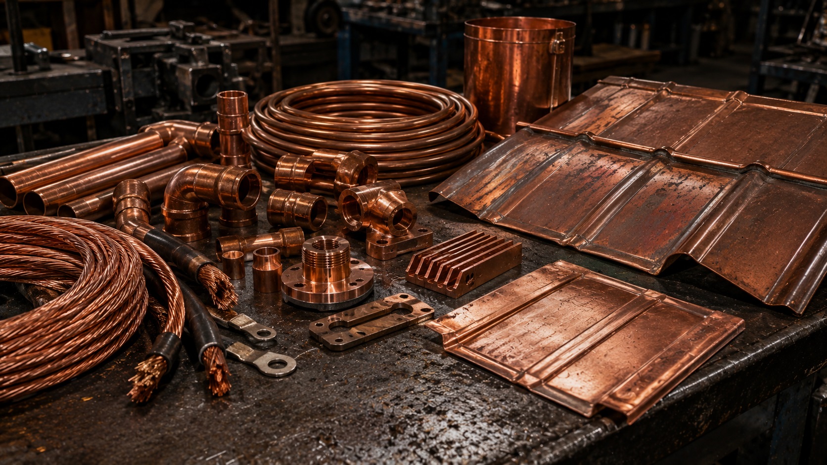 Copper wiring, plumbing pipes, and industrial copper components in fabrication workshop