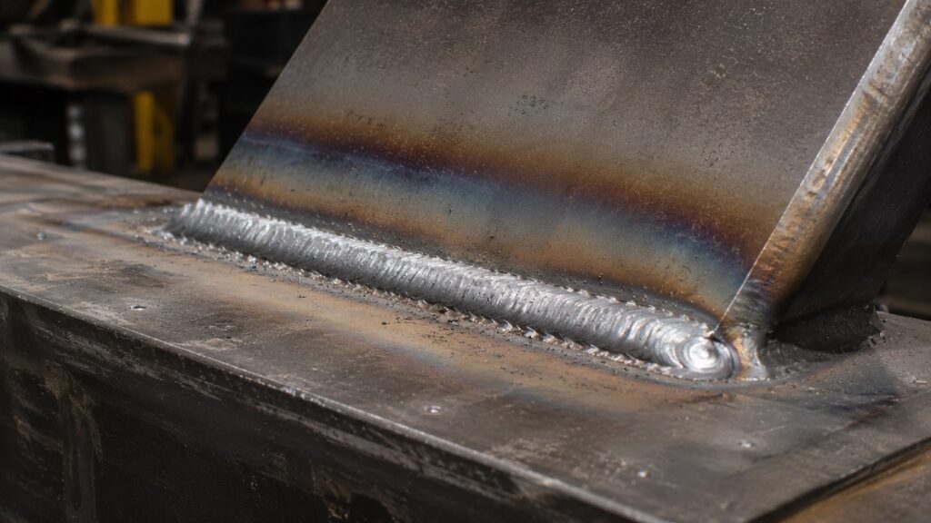 Heat affected zone beside welded steel joint in fabrication workshop