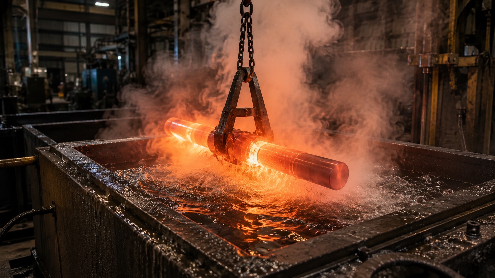 Steel component being quenched in oil during heat treatment