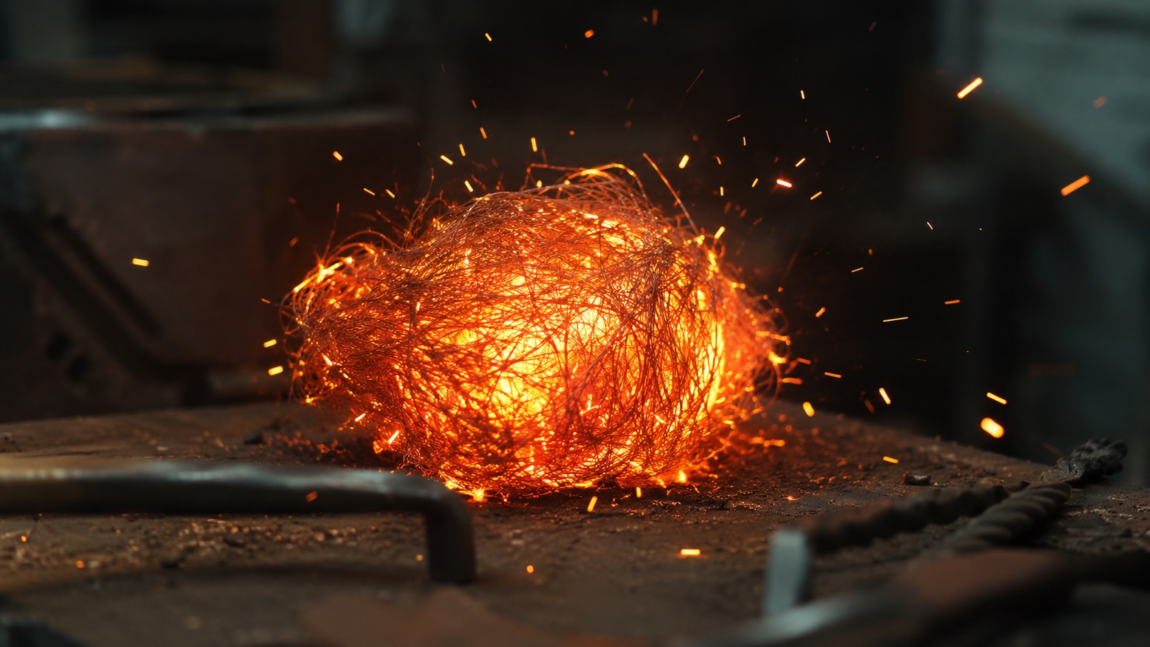 Burning steel wool glowing bright orange with sparks in an industrial workshop