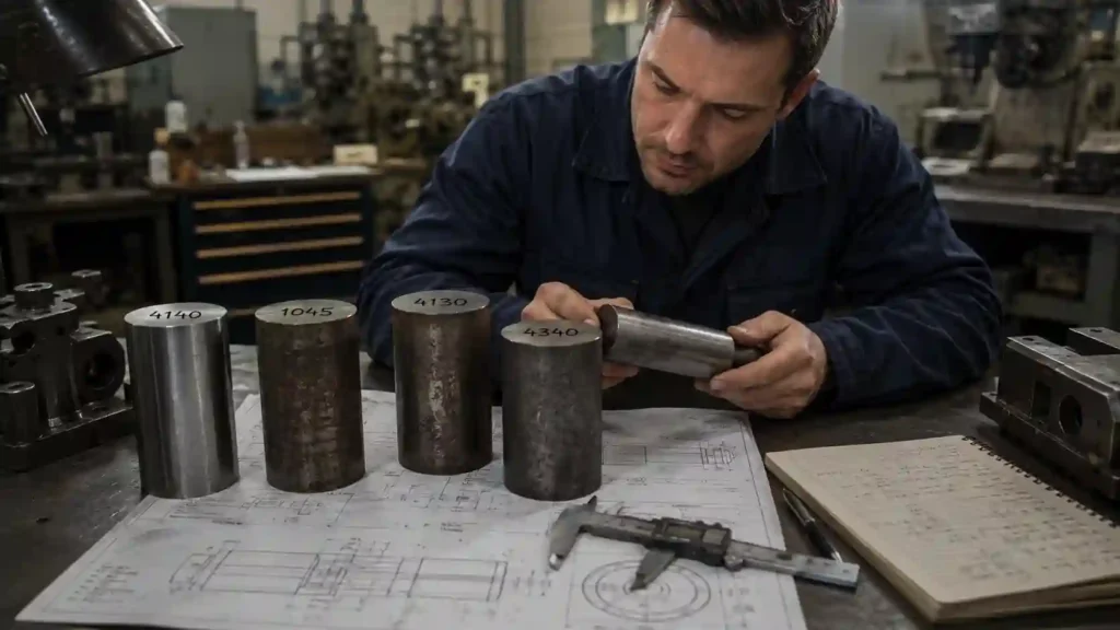 Engineer evaluating 4140 steel alongside 1045 steel, 4130 steel, and 4340 steel for mechanical design