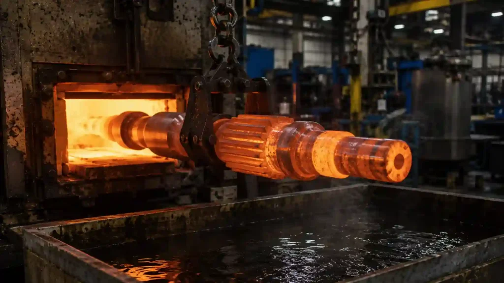 4140 steel heat treatment process showing quenching and tempering in industrial heat treatment facility