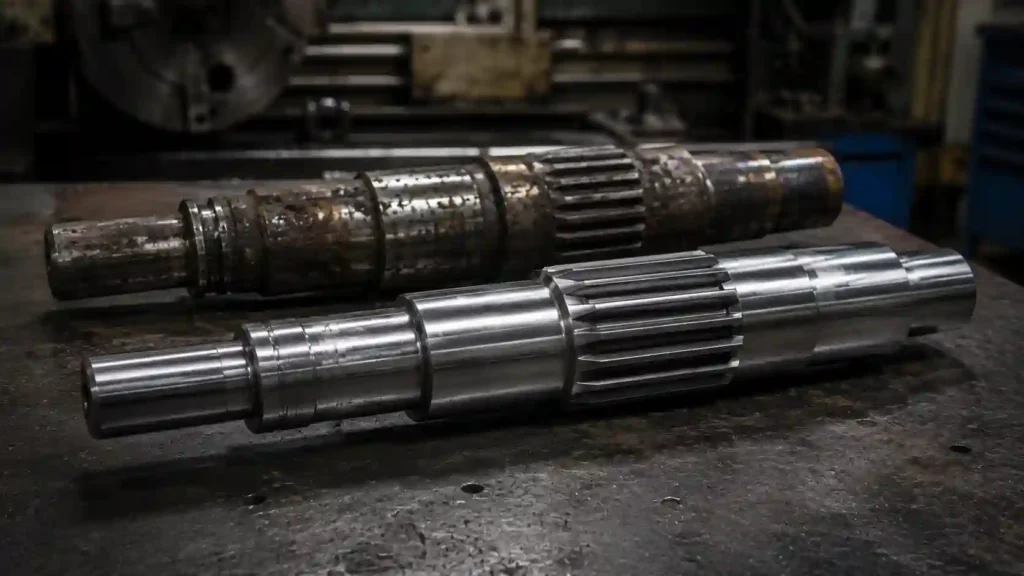 4140 steel shaft compared with worn mild steel shaft showing strength and wear resistance differences