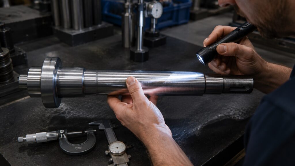 Inspecting chatter marks on a turned part during CNC machining troubleshooting