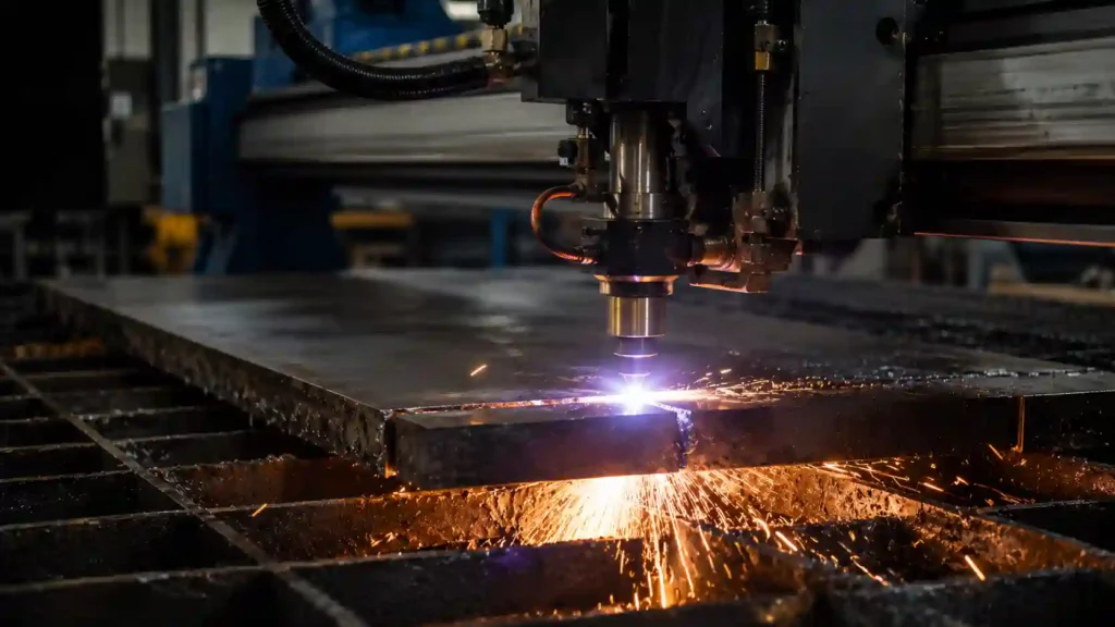 CNC plasma cutting torch cutting steel plate with bright plasma arc and molten metal removal