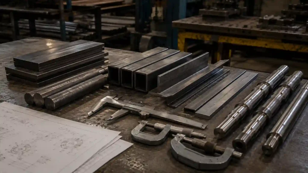 Common mild steel grades including A36, 1018 and 1020 steel bars used in fabrication