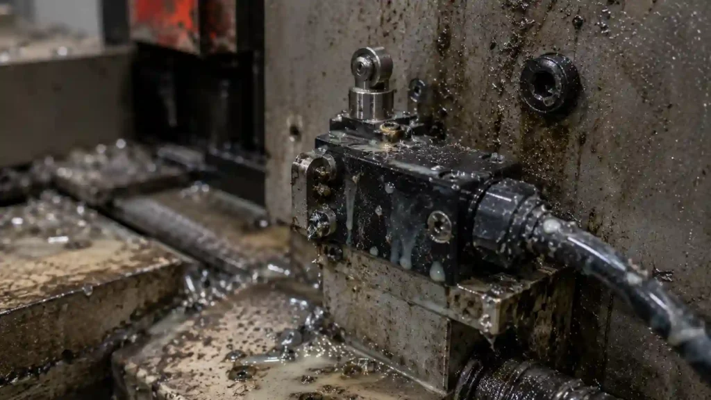 Coolant contamination inside CNC limit switch causing intermittent overtravel alarm