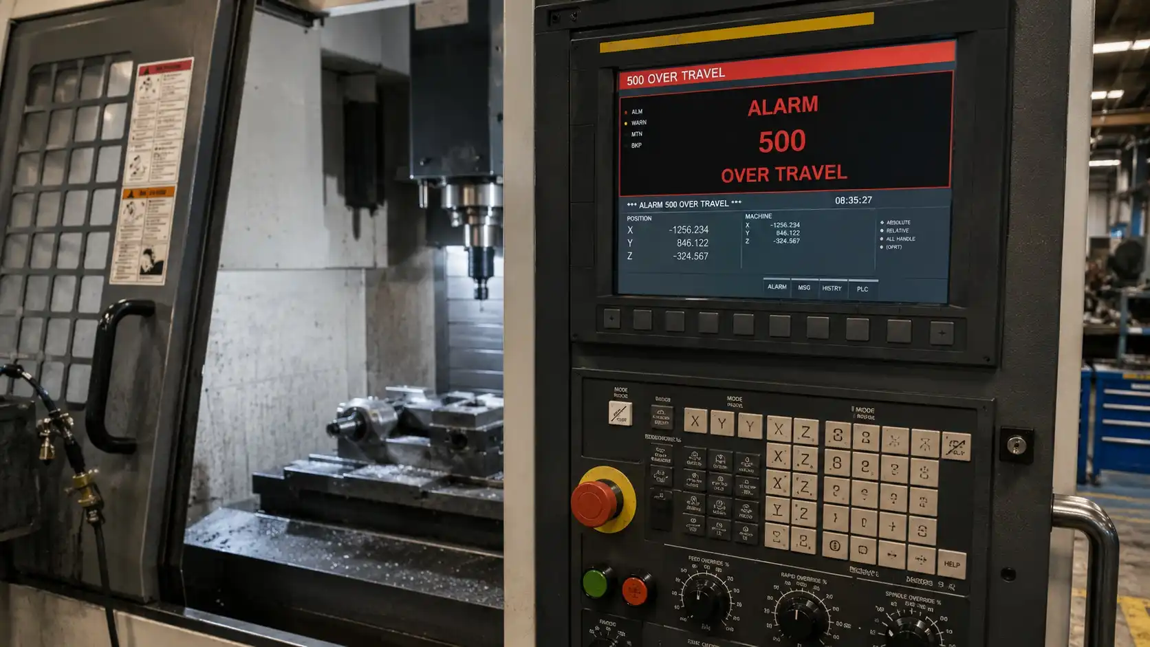 FANUC CNC control displaying Alarm 500 over travel error on machine screen