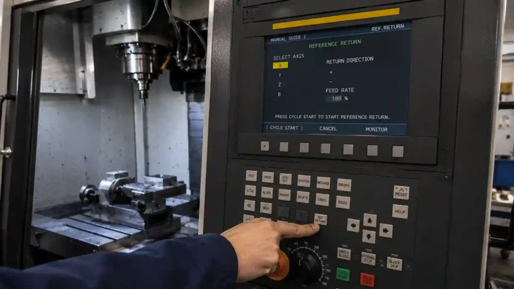 Operator performing reference return on FANUC CNC machine