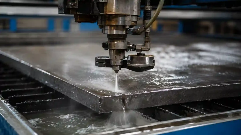 Abrasive waterjet cutting head cutting thick steel plate with high pressure water and garnet abrasive