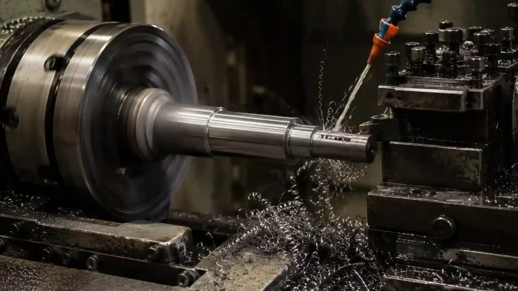 CNC lathe machining a mild steel shaft with continuous chip formation