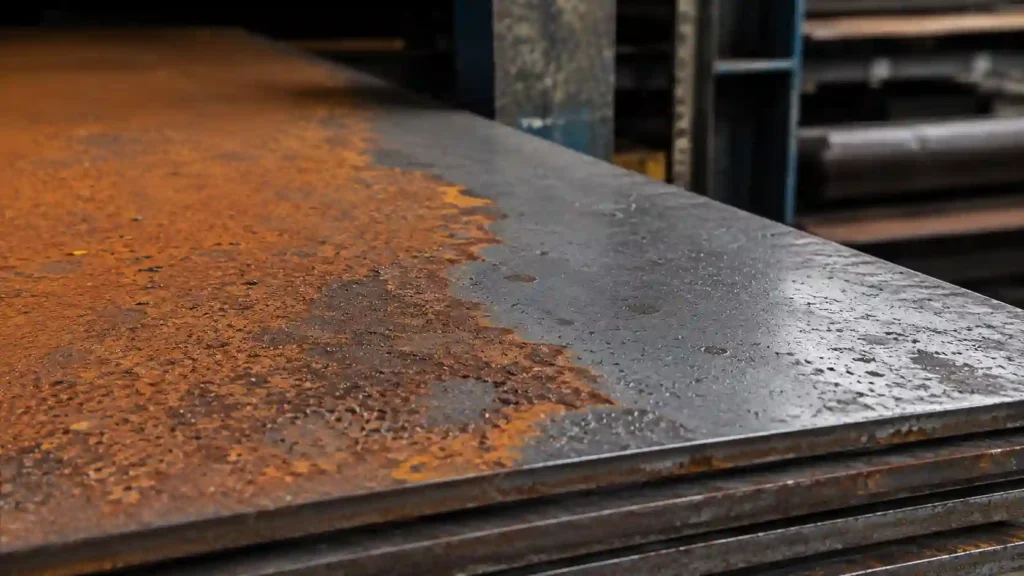 Surface rust forming on uncoated mild steel plate exposed to moisture