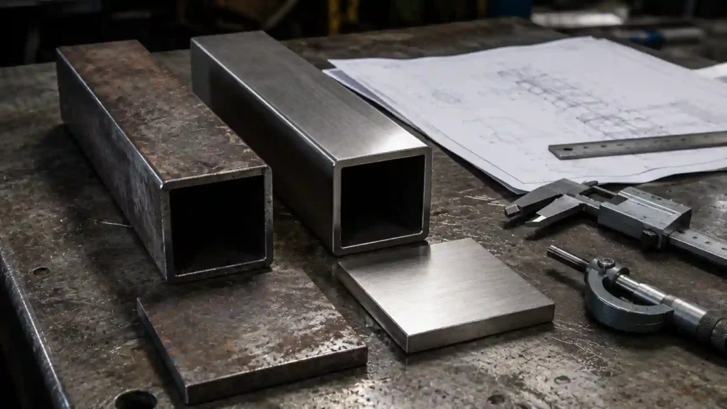 Comparison of mild steel and stainless steel samples on an engineering workbench