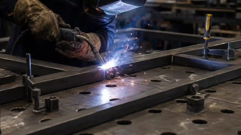 MIG welding a mild steel frame in a fabrication shop