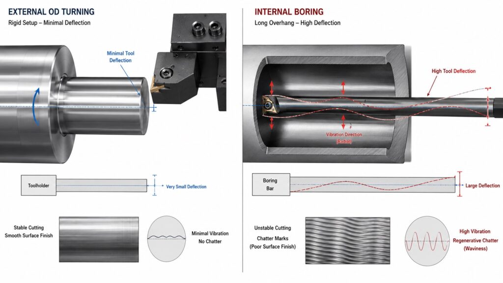 OD turning versus boring chatter showing tool deflection and regenerative vibration