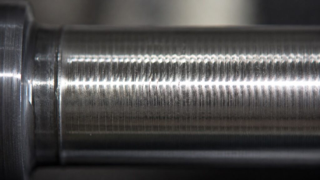 Close-up view of chatter marks on a turned steel surface