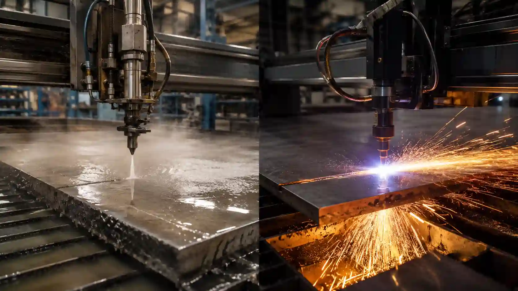 Waterjet cutting vs plasma cutting comparison showing cold abrasive waterjet cutting and thermal plasma arc cutting on steel plate