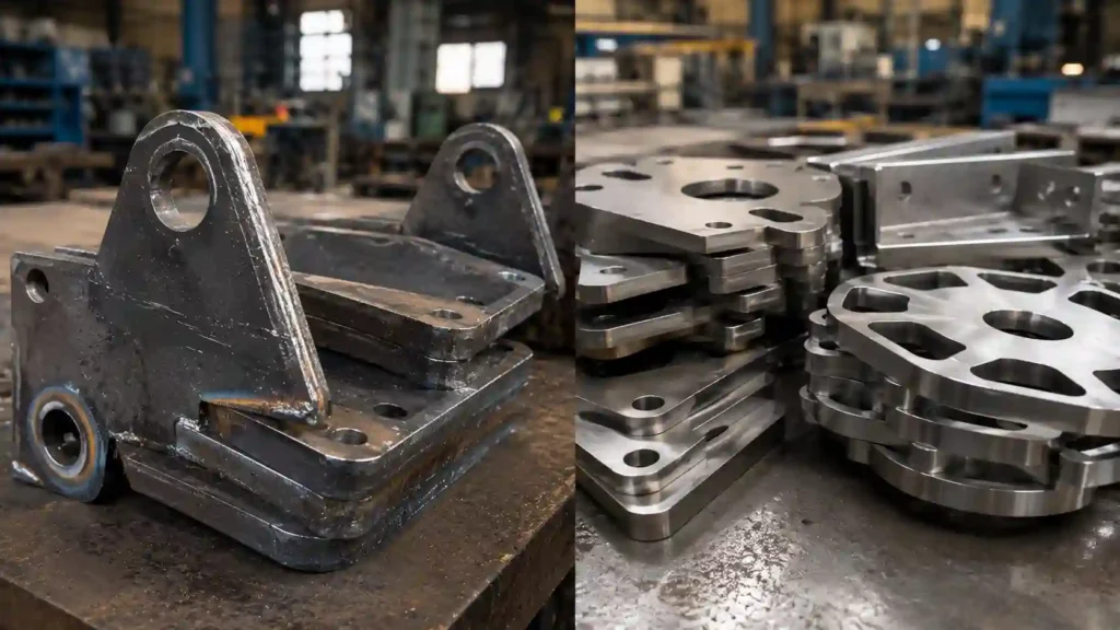 Fabrication shop comparison showing plasma cut steel brackets and precision waterjet cut stainless steel components