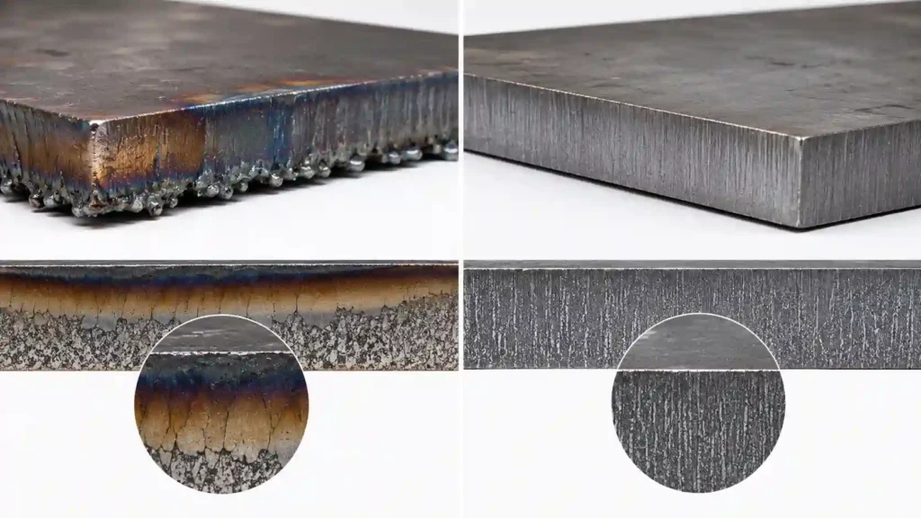 Comparison of plasma cutting heat affected zone versus waterjet cutting edge with no thermal distortion