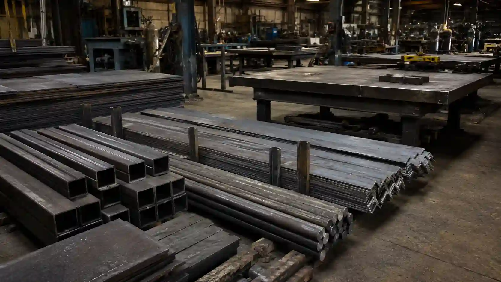 Various mild steel plates, tubes, and bars in a fabrication workshop
